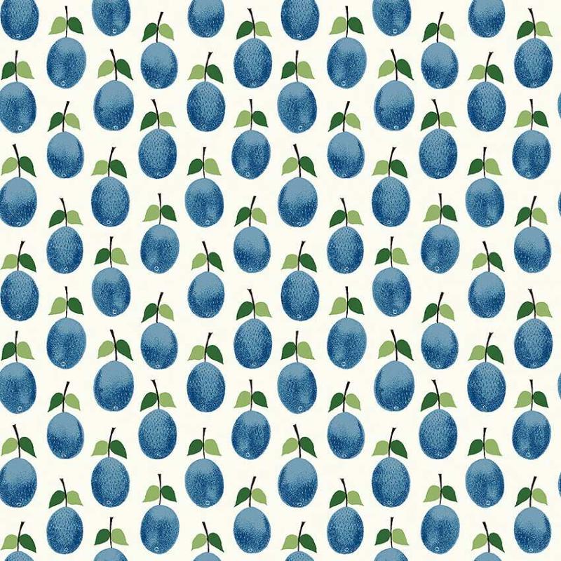 Tapet Prunus, Scandinavian Designers III, blå plommon på vit botten