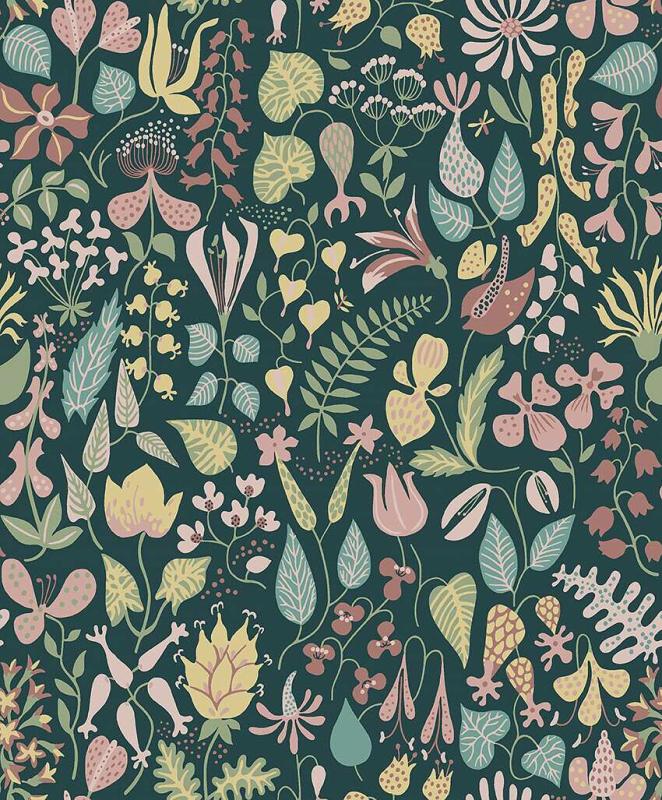 Tapet Herbarium, Scandinavian Designers III, gula och rosa blommor på mörkt grön botten