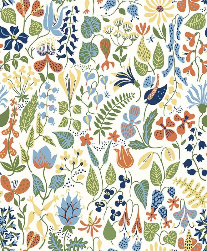 Tapet Herbarium, Scandinavian Designers III, gula, blå och röda blommor på vit botten