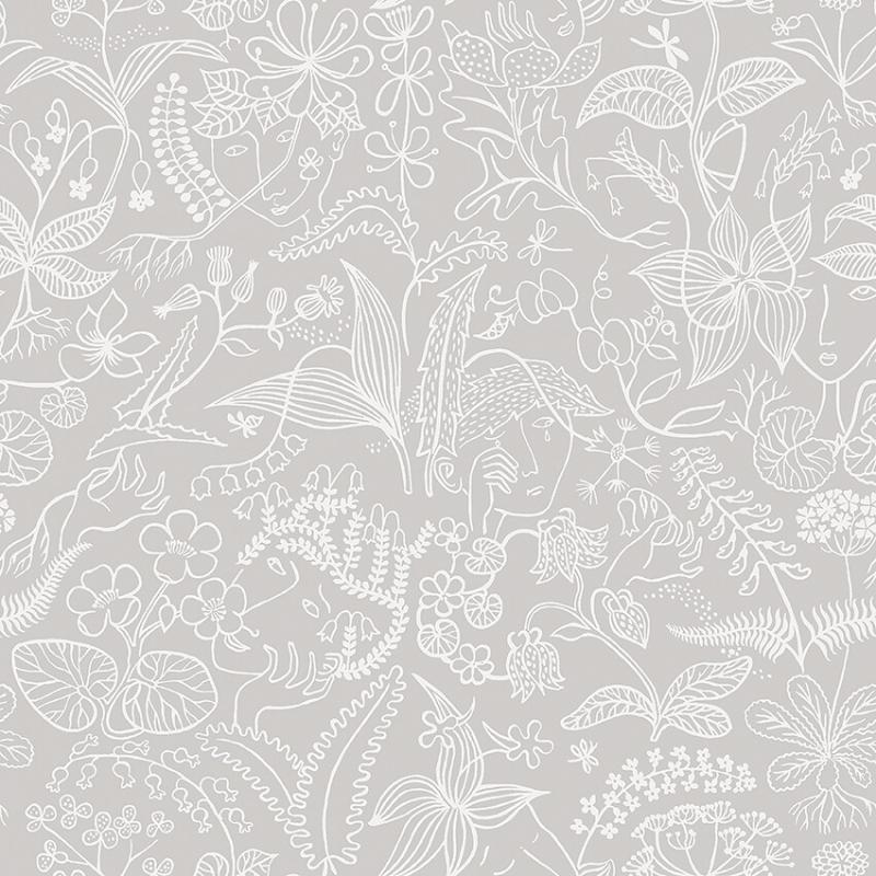 Tapet Grazia, Scandinavian Designers III, vita stiliserade blommor och blad på ljusgrå botten