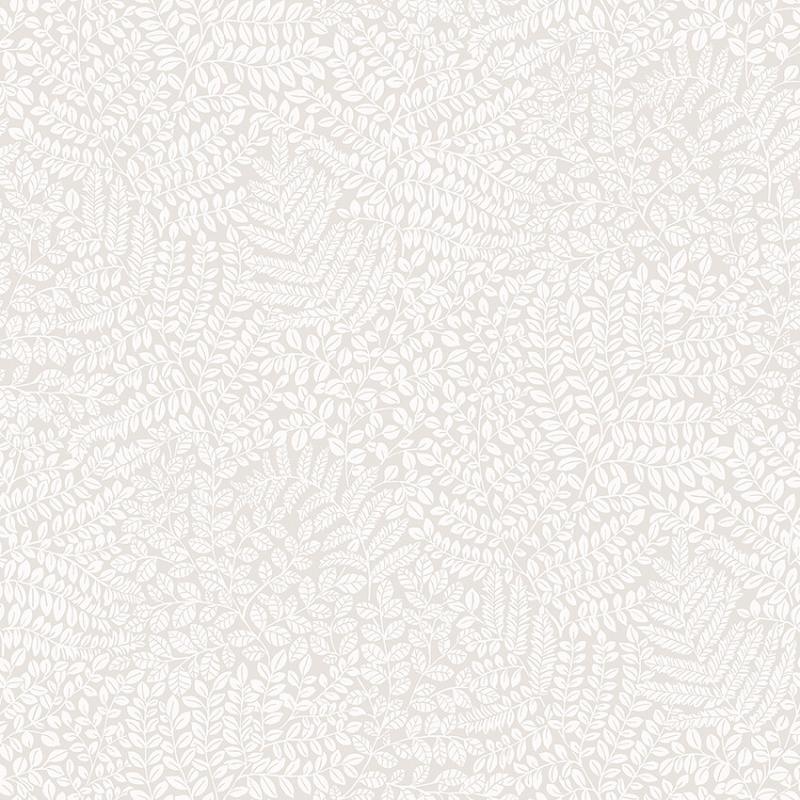Tapet Bladverk, Vårt Arkiv, vita små sirliga blad på ljusgrå botten