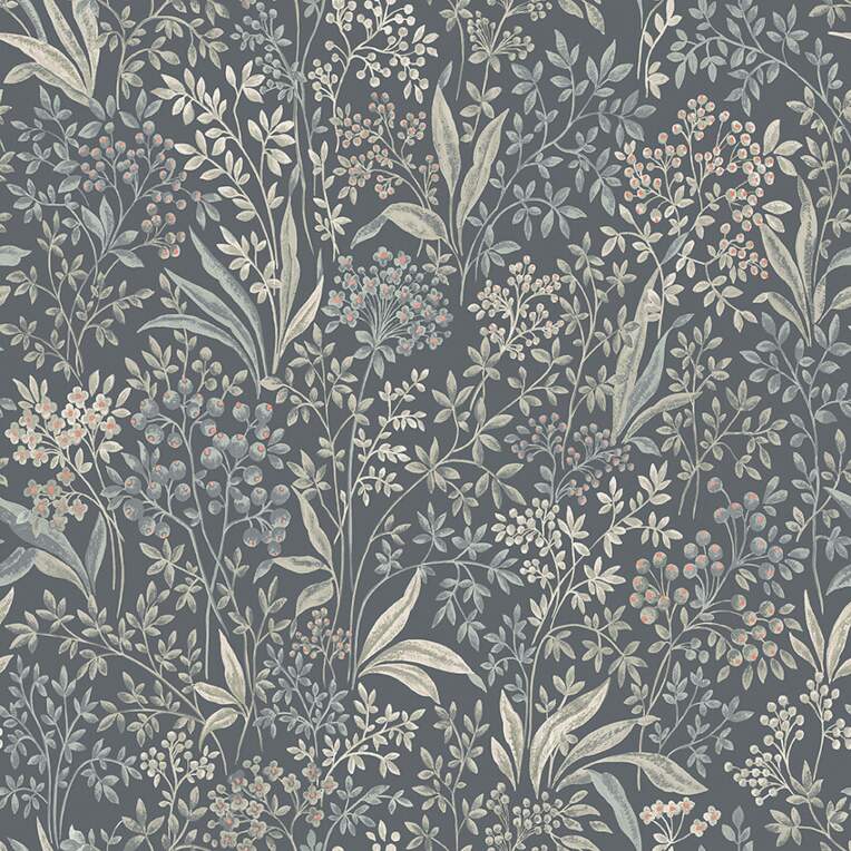 Tapet Nocturne, Vårt Arkiv, bladmönster i gråblått, bär och små blommor med röda detaljer, grå botten