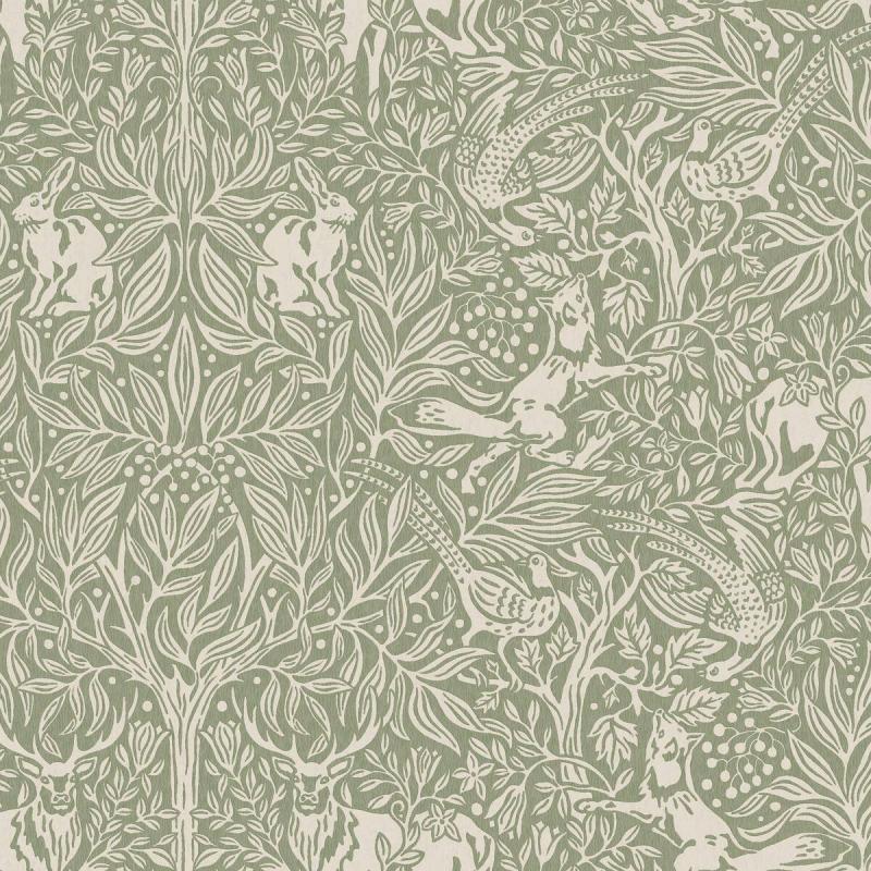 Tapet Under the Elder Tree, New Heritage, hare, räv, fasan och kronhjort bland fläderns bladverk, grön