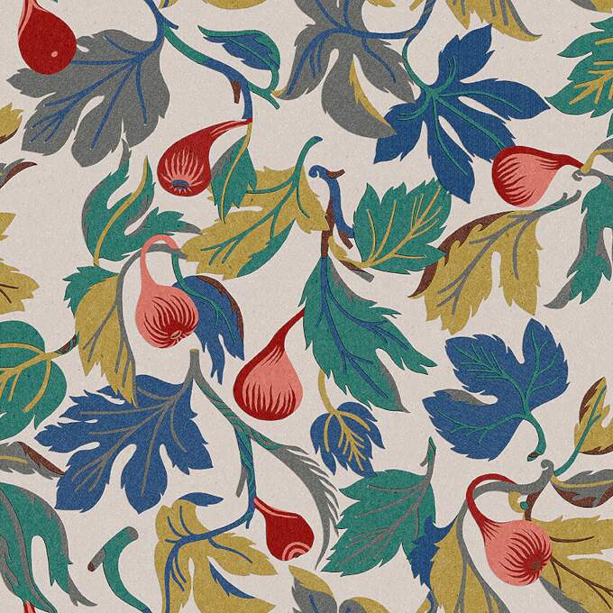Tapet Figs, Swedish Designers, röda fikon på multifärgat bladverk, linne bottenfärg