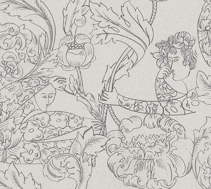 Tapet Floral Dream, Swedish Designers, tecknade mänskliga figurer i svart blyerts, gråbeige botten