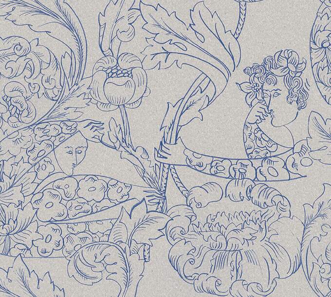 Tapet Floral Dream, Swedish Designers, tecknade mänskliga figurer i blå blyerts, gråbeige botten