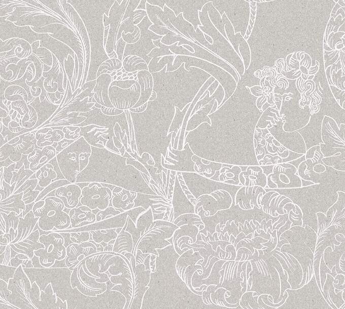 Tapet Floral Dream, Swedish Designers, tecknade mänskliga figurer i vit blyerts, linne botten