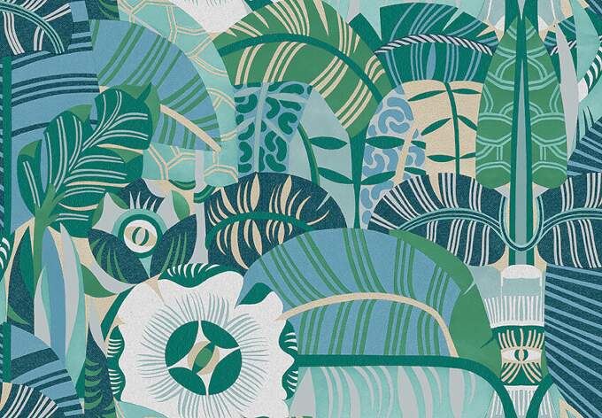 Tapet Hypnotic Safari, Swedish Designersgrafiskt mönster i grönt, blått och beige.