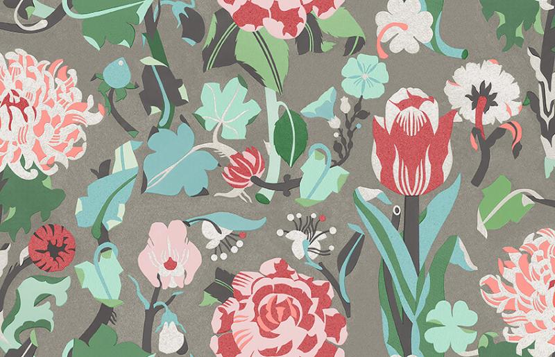 Tapet Myrtle, Swedish Designers, färgglada blommor, grå botten