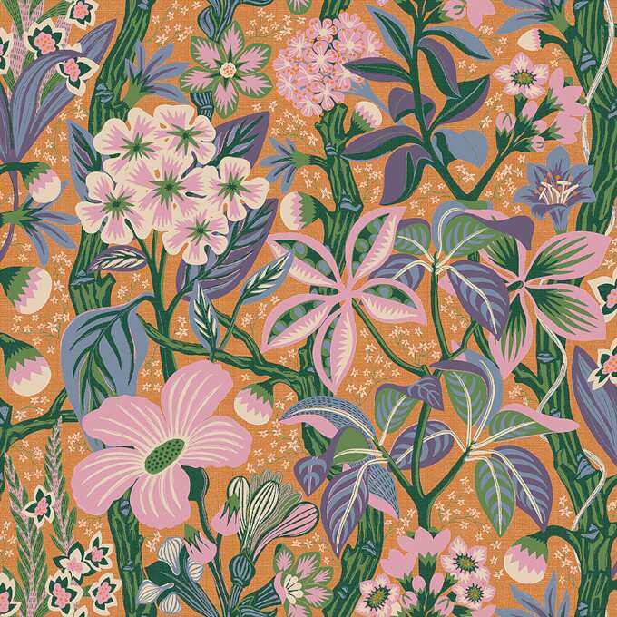Tapet Friviva, Swedish Designers, exotiska växter i lila och rosa kulörer, orange botten