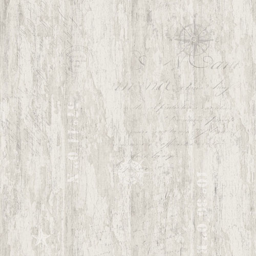 Tapet 21017, Skagen, träimitation med text i skrivstil och kompassrosor, vit/ljusgrå