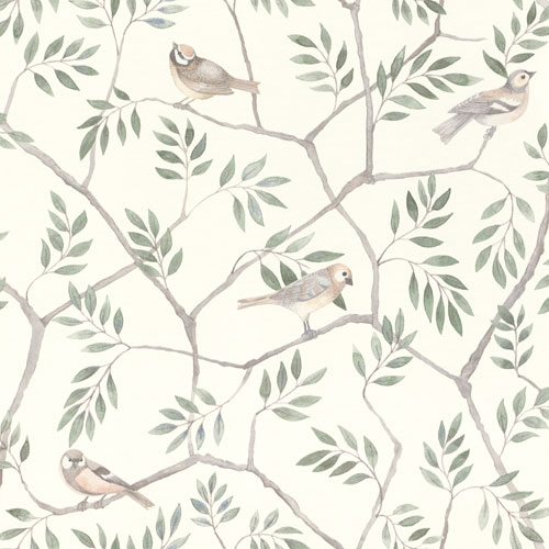 Tapet August, Morgongåva, små fåglar i bladverk, grön/grå