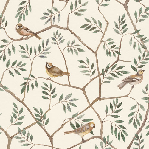 Tapet August, Morgongåva, små fåglar i bladverk, grön/brun