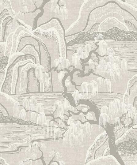 Tapet Indigo Garden, Eastern Simplicity, japanskt fantasilandskap, grå-beige-vit