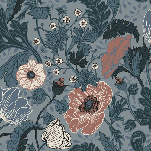 Tapet Anemone, Apelviken, blågrå botten, stora blommor, rosa