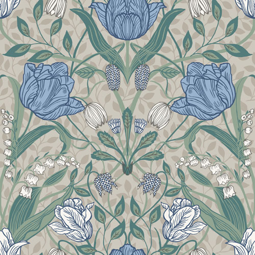 Tapet Filippa, Apelviken, stora blå tulpaner, gröna blad