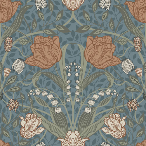 Tapet Filippa, Apelviken, stora tegelfärgade tulpaner, gröna blad, blågrå botten