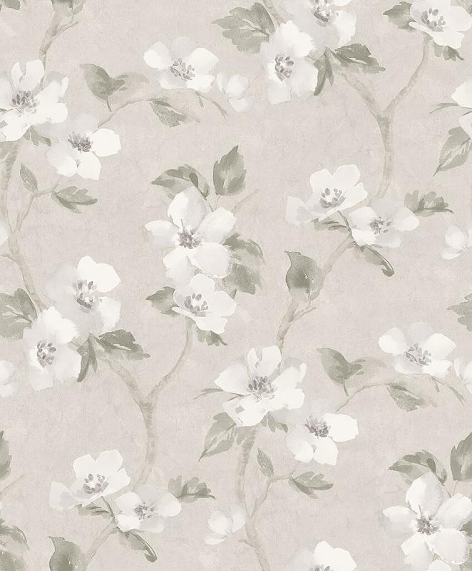 Tapet Helen´s Flower, Cottage Garden, vita stora blommor, grågröna blad på ljusgrå botten