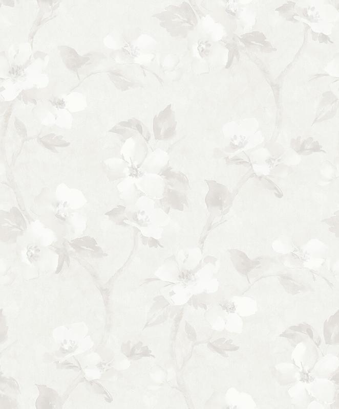 Tapet Helen´s Flower, Cottage Garden, vita stora blommor, ljusgrå blad på svagt ljusgrå botten