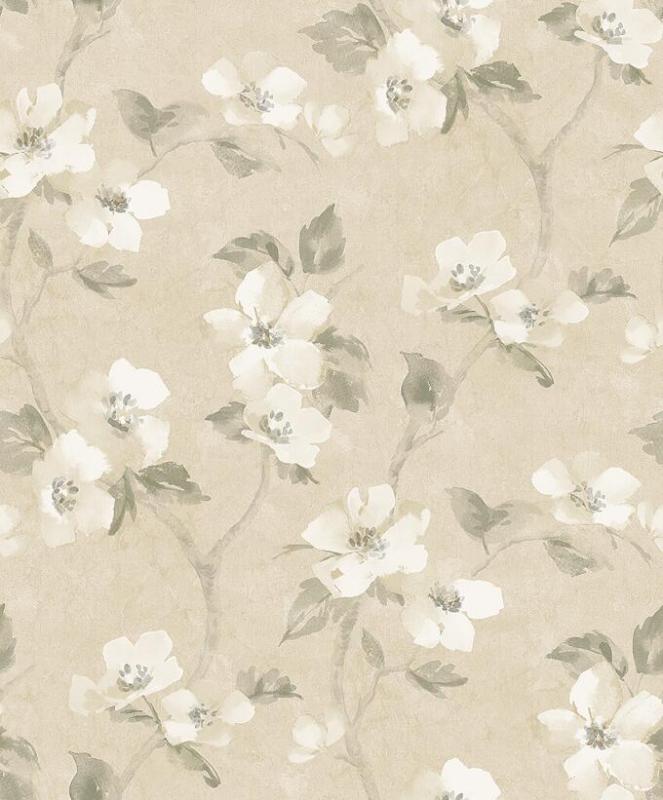 Tapet Helen´s Flower, Cottage Garden, vita stora blommor, grågröna blad på ljusgul botten