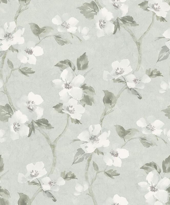 Tapet Helen´s Flower, Cottage Garden, vita stora blommor, grågröna blad på ljusgrön botten