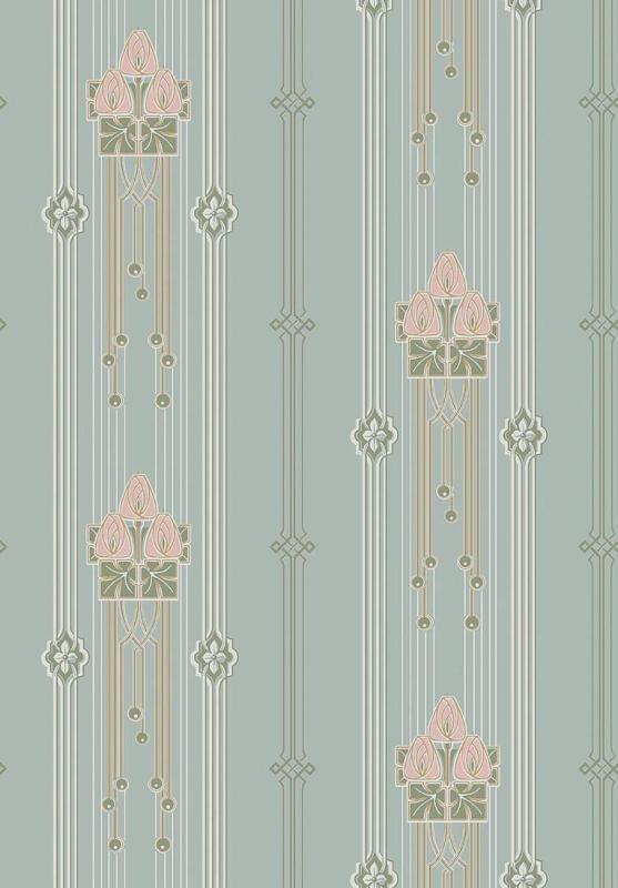 Tapet Villastan, Alla Tiders Hus, grafisk jugendstil med ränder och blad, blågrön botten