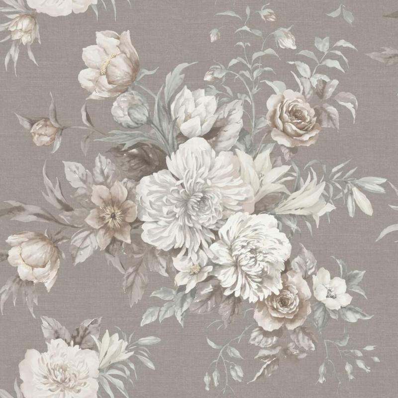 Tapet Floral Charm, Dreamy Escape, blomsterbuketter i beige och gråbrunt på en mellanmörk taupe-färgad botten.