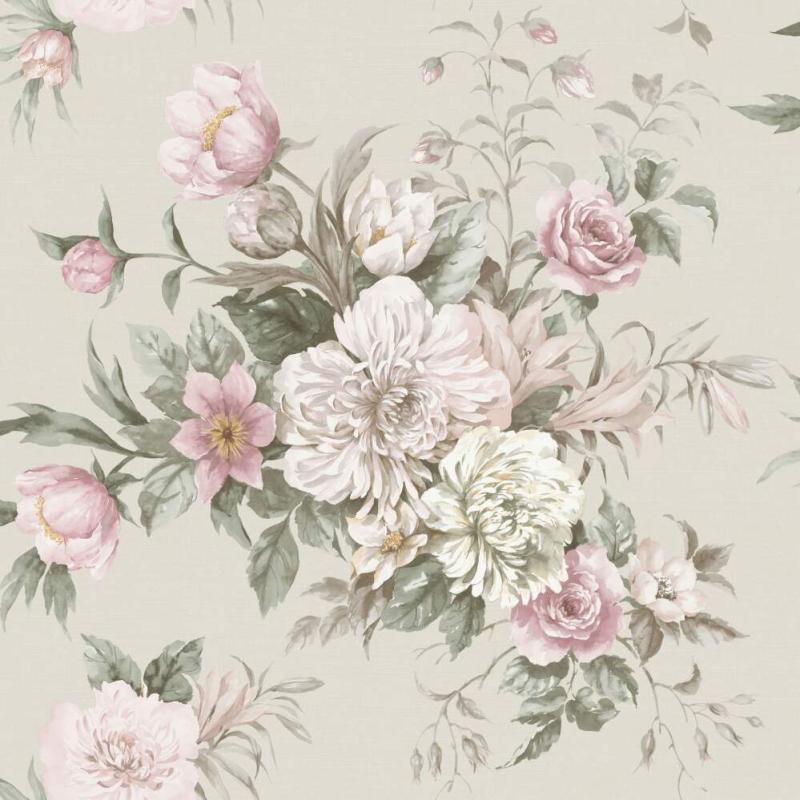 Tapet Floral Charm, Dreamy Escape, blomsterbuketter i rosa och aprikos, blad i dämpade toner av grönt och gråbrunt