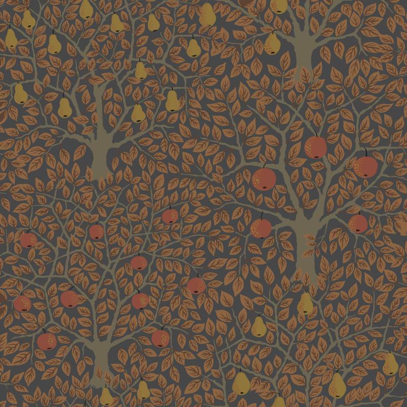 Tapet Pomona, Grönhaga, äpple-/päronträd i rost och ockragult, brun botten
