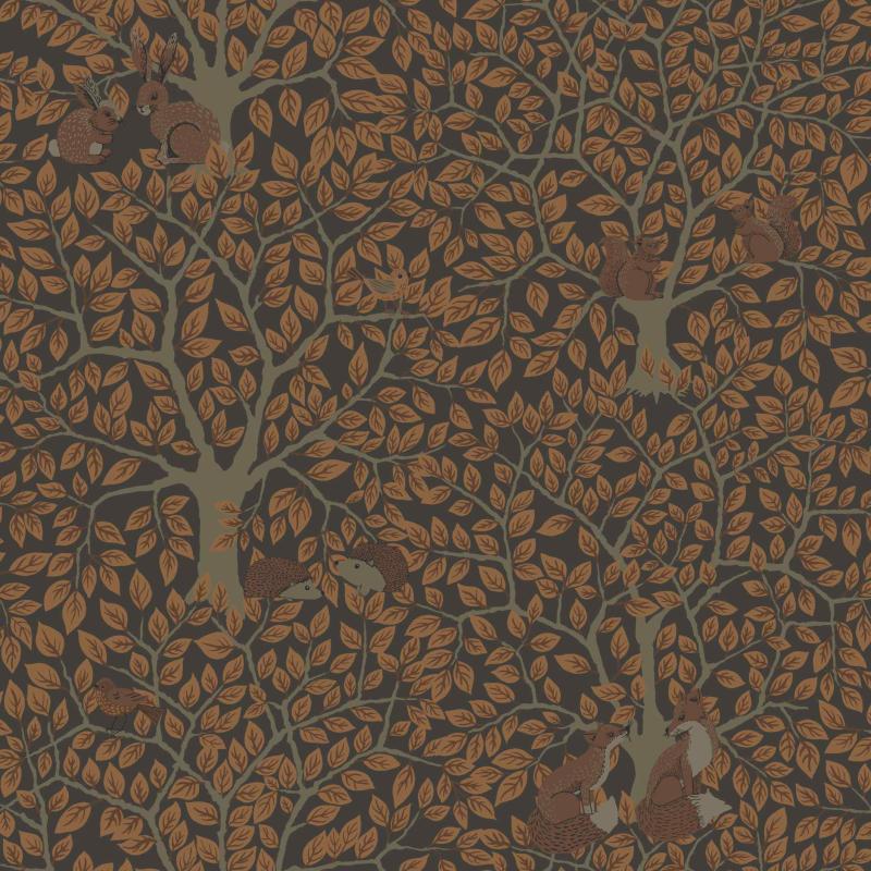 Tapet Per, Grönhaga, ekorrar och rävar bland rödbruna träd, mörkbrun botten