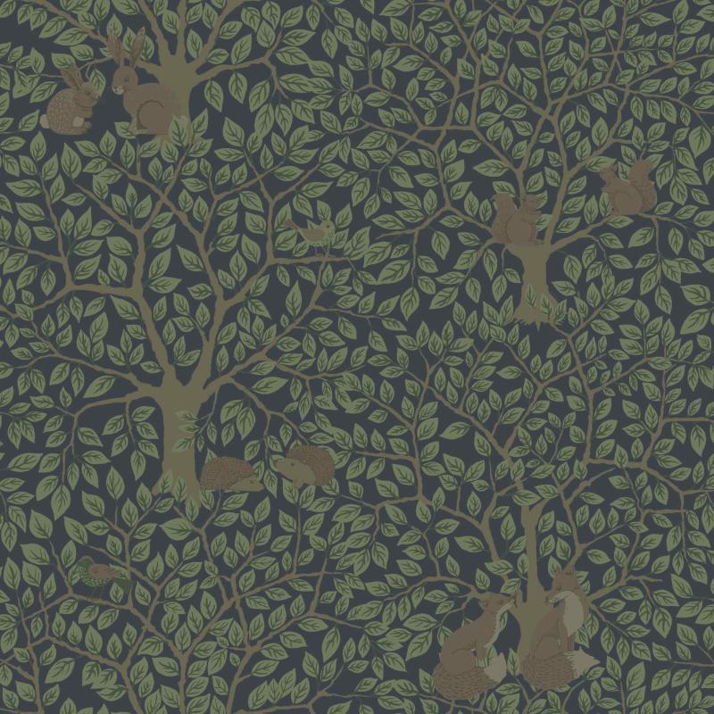 Tapet Per, Grönhaga, ekorrar och rävar bland gröna träd, mörkgrå botten