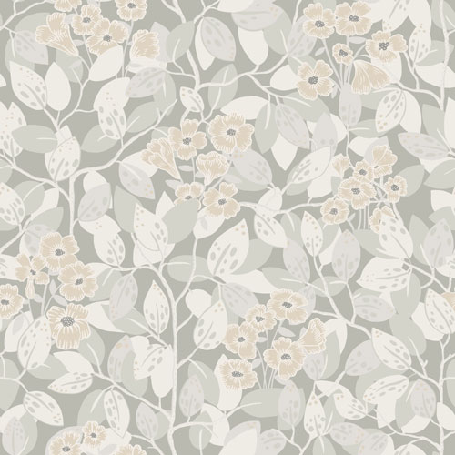 Tapet Henni, Lina, blommor och blad, vit/beige/grå
