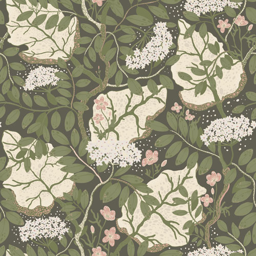Tapet Ulla Britt, Lina, blommor och blad i rosa, beige och grönt på mörkare grön botten