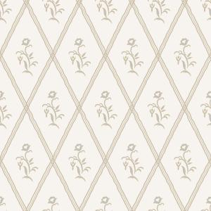 Tapet Signe, Swedish Grace, trellismönster med liten blomma i guld och ljusblått, offwhite bottenfärg