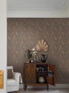 Tapet Elsie, Swedish Grace, slingrande guldfärgade blomrankor, 20-tals stil, brun bottenfärg