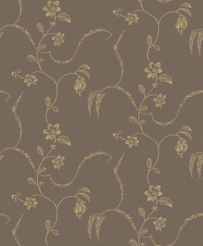 Tapet Elsie, Swedish Grace, slingrande guldfärgade blomrankor, 20-tals stil, brun bottenfärg