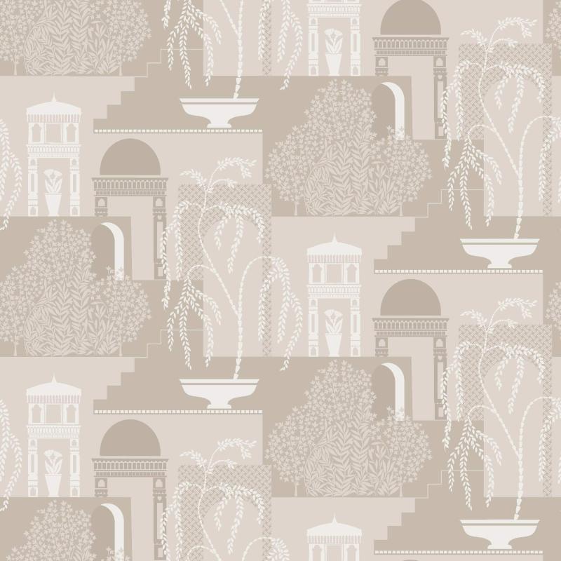 Tapet Mimi, Swedish Grace, trädgård och antika byggnader, beige, antikvit, grå