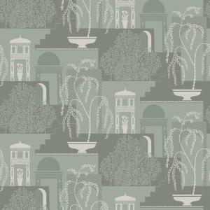Tapet Mimi, Swedish Grace, trädgård och antika byggnader, grågrön