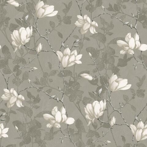 Tapet Lily Tree, In Bloom, vit magnolia mot varmt ljusbrun bakgrund.