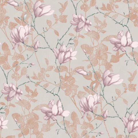 Tapet Lily Tree, In Bloom, rosa magnolia som blommar på bar kvist, mjukt patinerad, gråbeige bakgrund