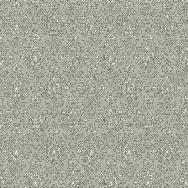 Papperstapet 8607, Borosan 21, mindre medaljongmönster i vitt och grågrönt med ljusare grågrön botten