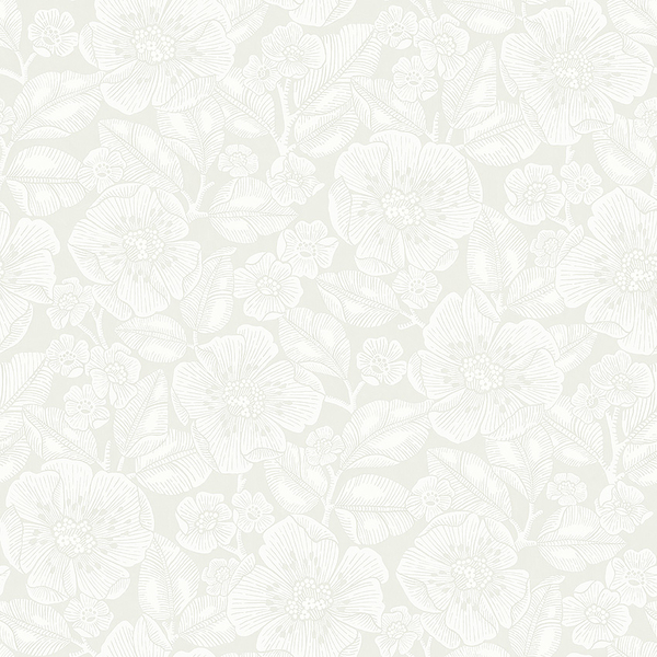 Papperstapet 8616, Borosan 21, vita stora blommor och blad, ljusgrå botten