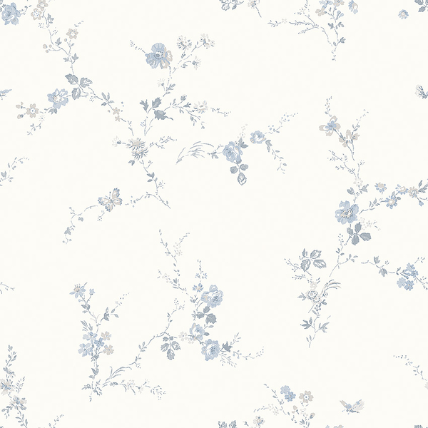 Papperstapet 8627, Borosan 21, små blomslingor i blått och grått på vit botten