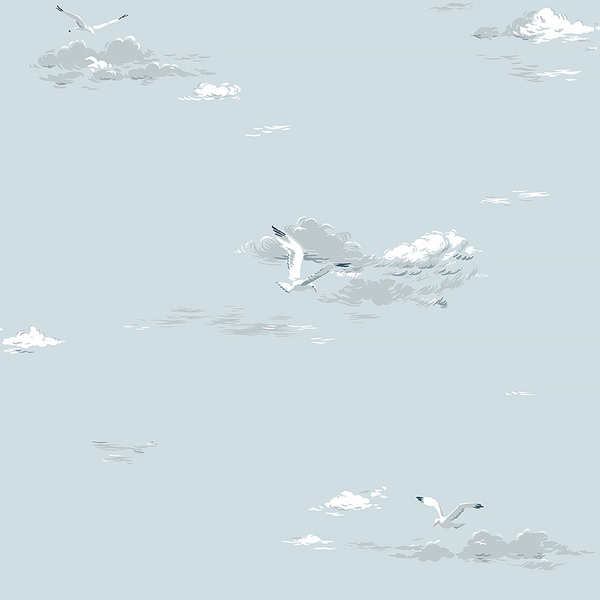 Tapet Seagulls, Marstrand II, fiskmåsar flygandes bland moln, ljusblå