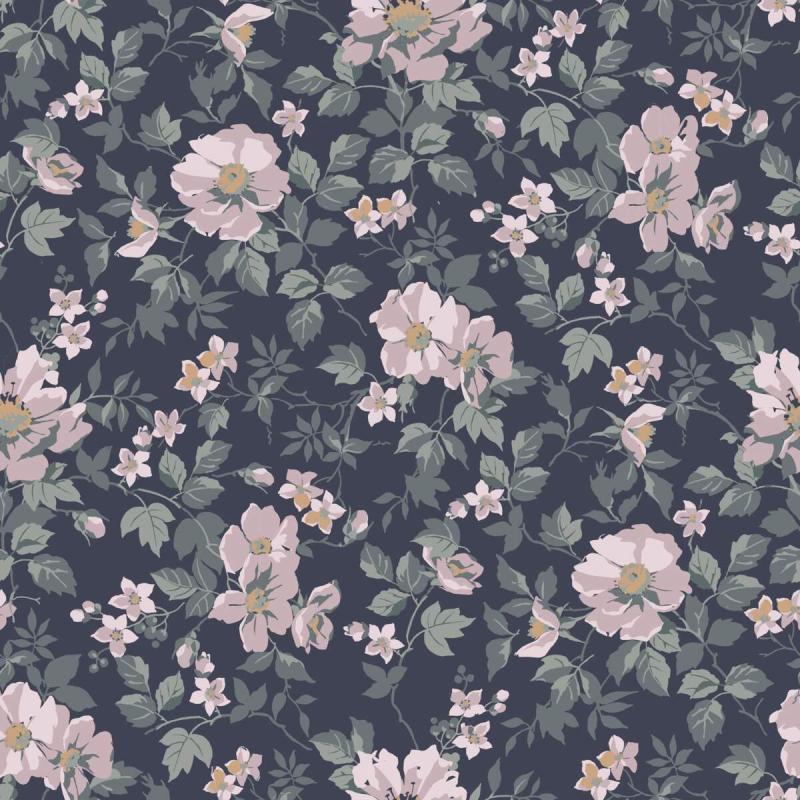 Tapet Johanna, Örtagård, nyponrosor i rosa och vitt, grågröna blad. Mörkblå botten