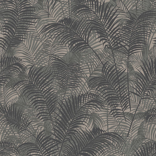 Vinyltapet BL22762, Blooming, svarta och grå palmblad mot gråbrun bakgrund