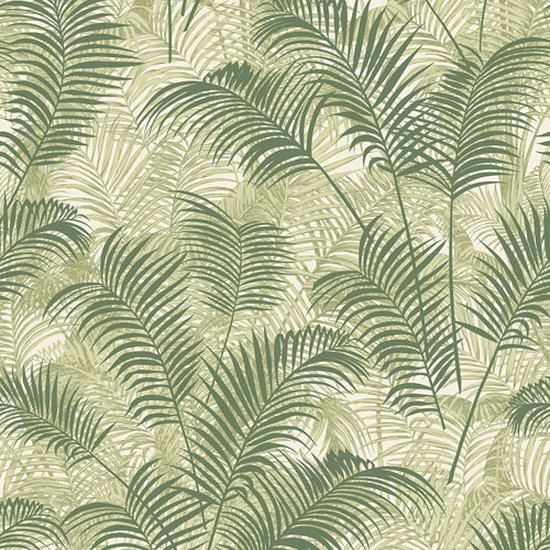 Vinyltapet BL22763, Blooming, exotiska gröna palmblad mot vit botten.