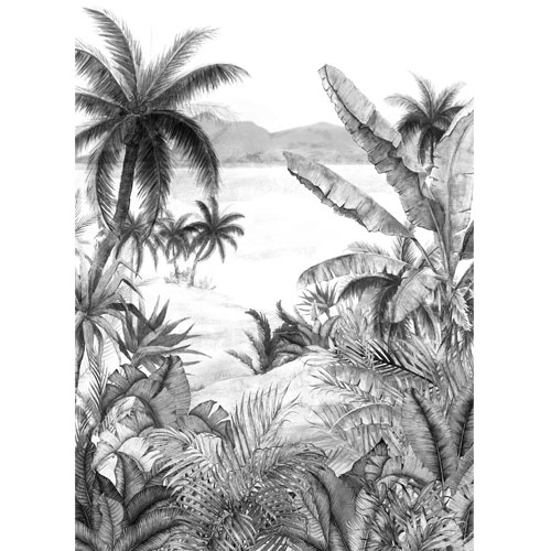 Vinyltapet BLD22781, Blooming väggmotiv palmer, berg och vatten, grå/vit