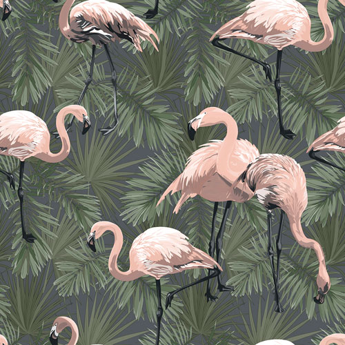 Vinyltapet EE22533, Blooming, flamingos bland palmblad, rosa-grön