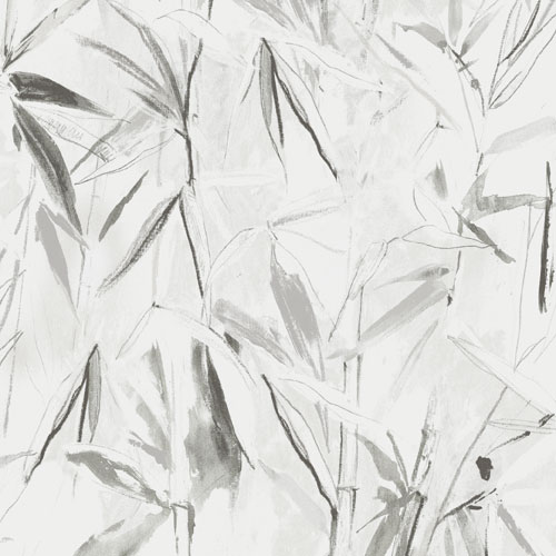 Tapet Carrizo Silver, Wild, bambuträd i grå, vit botten.
